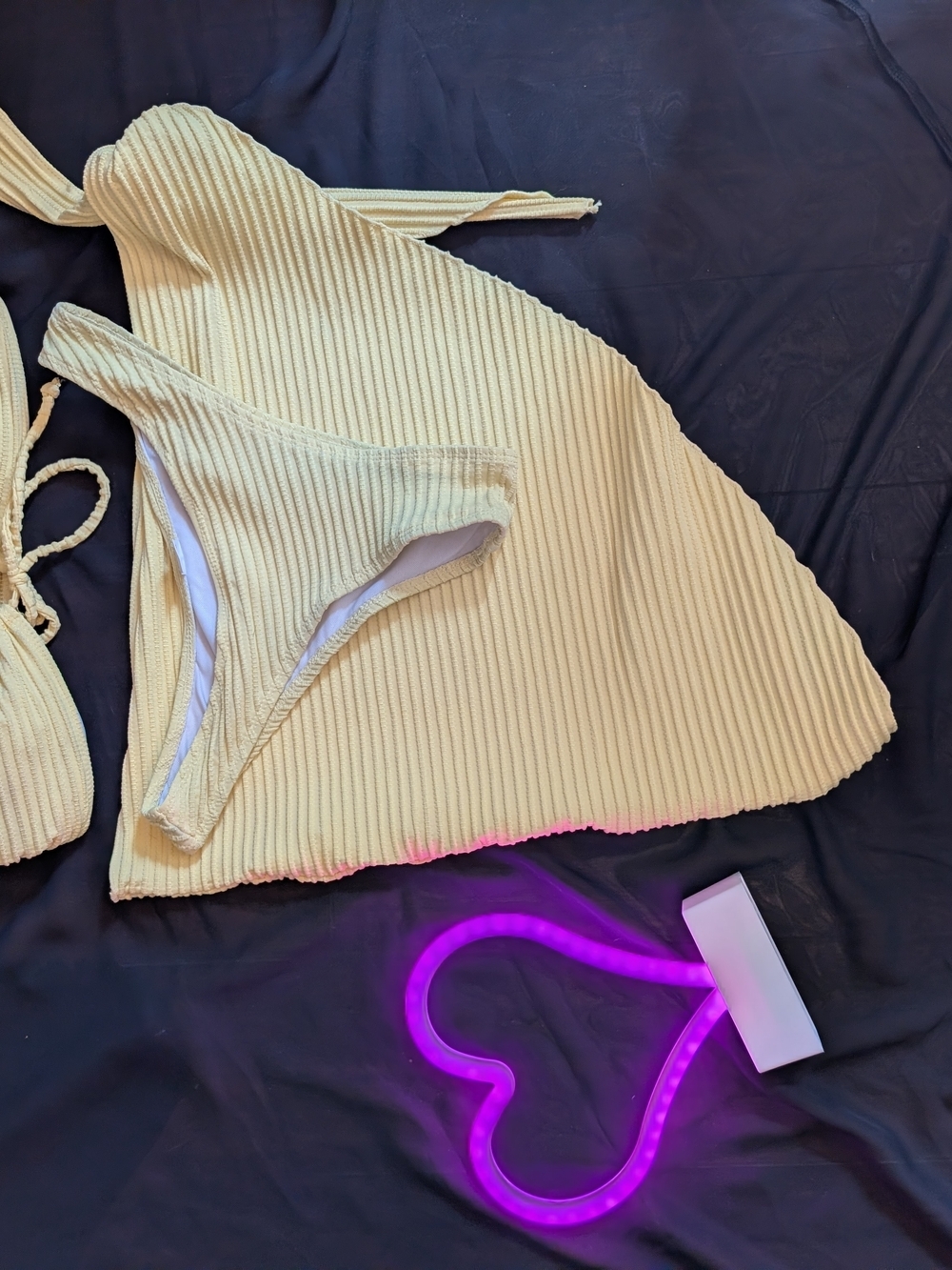 Ribbed Yellow Bandeau Bikini Set With Coverup Tie Up Strapless High waist - Picture 2 of 8